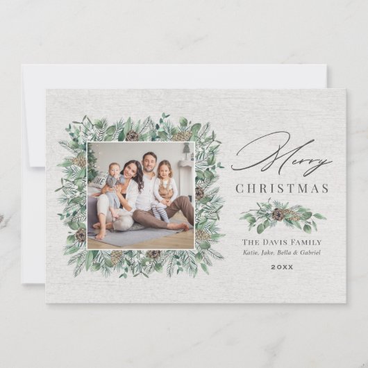 Rustic Winter Greenery White Wood Foto Feestdagenkaart (Voorkant)