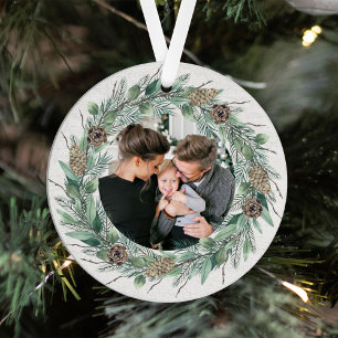 Rustic Winter Greenery Wreath White Wood Foto Metalen Ornament