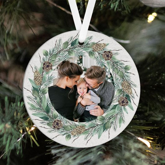 Rustic Winter Greenery Wreath White Wood Foto Metalen Ornament