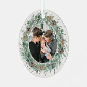 Rustic Winter Greenery Wreath White Wood Foto Metalen Ornament (Voorkant links)