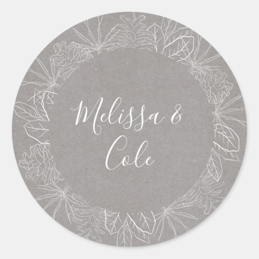 Rustic Winter | Grijze bruiloft Envelope Ronde Sticker (Voorkant)