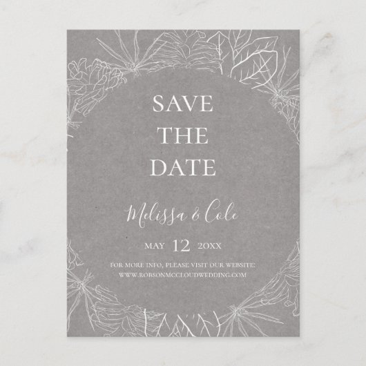 Rustic Winter | Grijze Save The Date-ansichtkaart Uitnodiging Briefkaart (Voorkant)