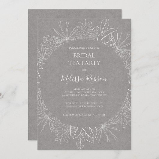 Rustic Winter | Grijze uitnodiging van Bridal Tea (Voorkant / Achterkant)