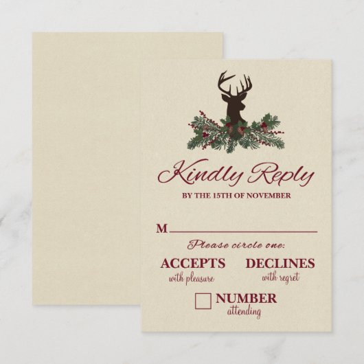 Rustic Winter Holiday Pine Wedding RSVP-kaart RSVP Kaartje (Voorkant / Achterkant)