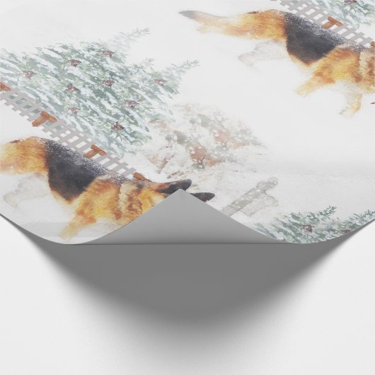 Rustic Winter Holiday Scene met German Shepherd Cadeaupapier (Hoek)