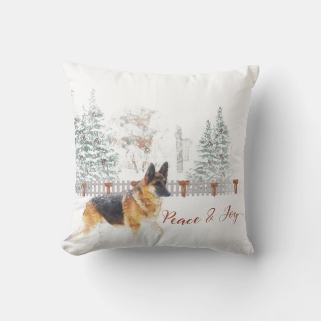 Rustic Winter Holiday Scene met German Shepherd Kussen (Voorkant)