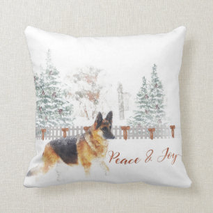 Rustic Winter Holiday Scene met German Shepherd Kussen