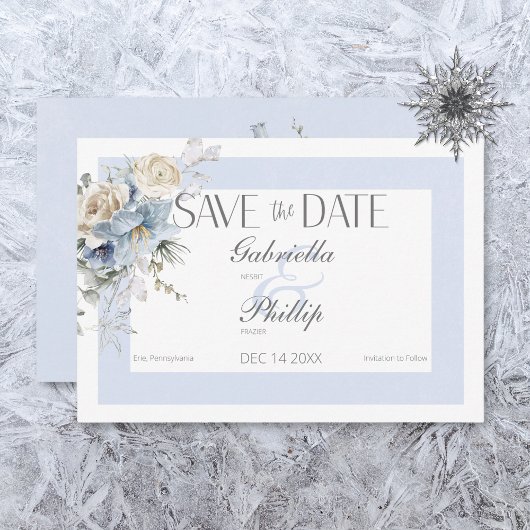 Rustic Winter Ijsblauw & Witte Bloemen Save The Date