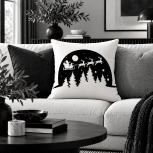 Rustic Winter Kerst Scene Zwart Wit Kussen A