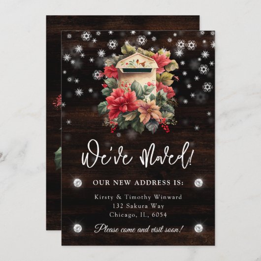 Rustic Winter Mailbox We hebben New Home verplaats Aankondiging (Voorkant / Achterkant)