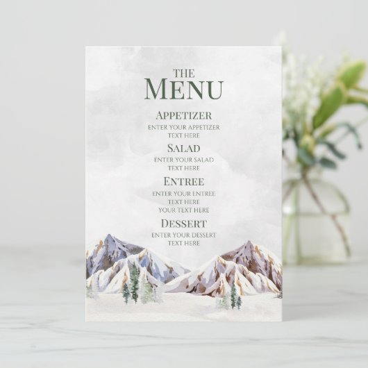 Rustic Winter Mountain Forest Wedding Menu (Staand voorkant)