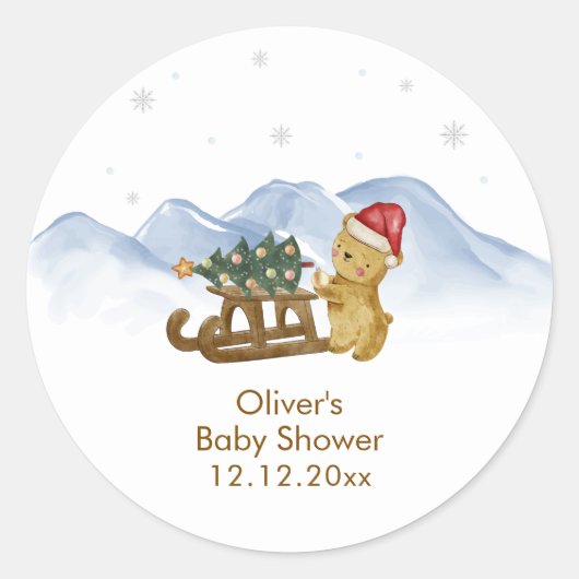 Rustic Winter Mountain Sleigh Bear Baby Shower  Ronde Sticker (Voorkant)
