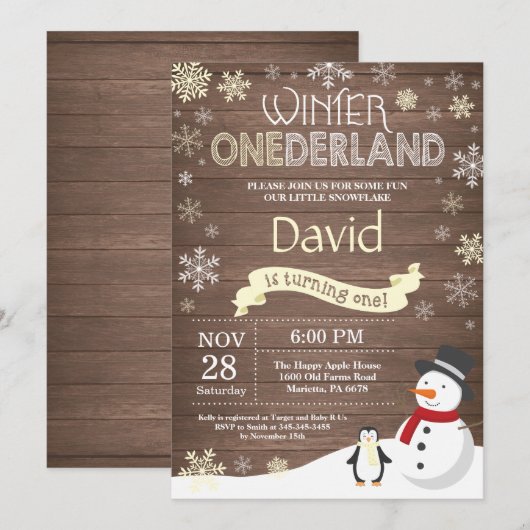 Rustic Winter Onederland 1e verjaardag Uitnodiging (Voorkant / Achterkant)