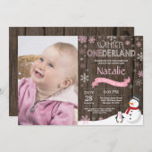 Rustic Winter Onederland 1e verjaardag Uitnodiging (Voorkant / Achterkant)