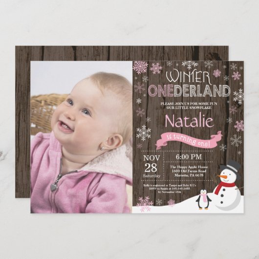 Rustic Winter Onederland 1e verjaardag Uitnodiging (Voorkant / Achterkant)