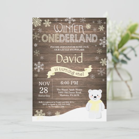 Rustic Winter Onederland 1e verjaardag Uitnodiging (Staand voorkant)