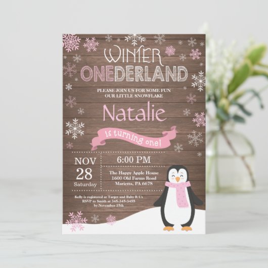 Rustic Winter Onederland 1e verjaardag Uitnodiging (Staand voorkant)