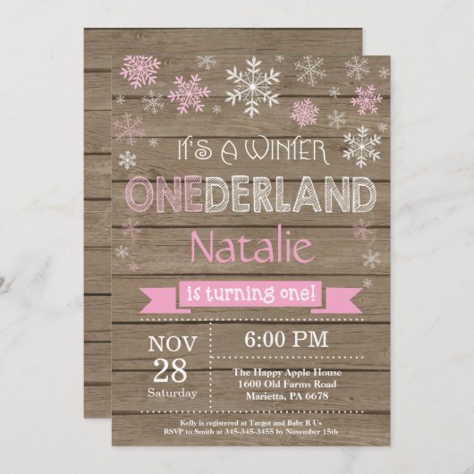 Rustic Winter Onederland 1e verjaardag Uitnodiging (Voorkant / Achterkant)