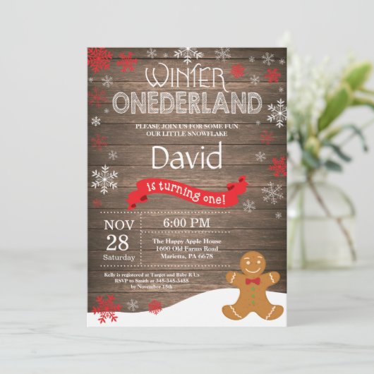 Rustic Winter Onederland 1e verjaardag Uitnodiging (Staand voorkant)