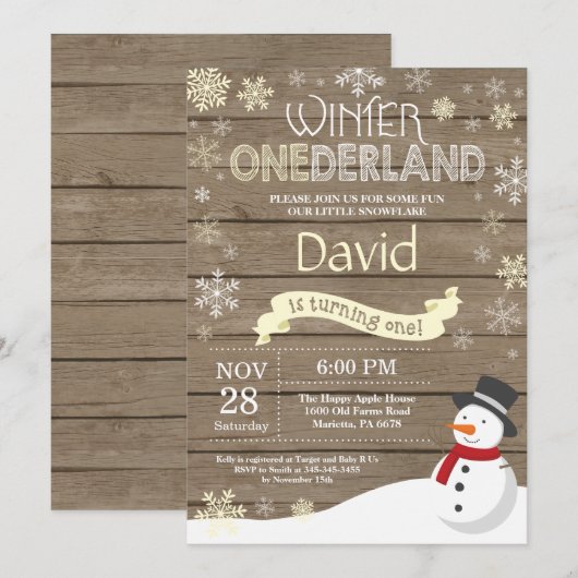 Rustic Winter Onederland 1e verjaardag Uitnodiging (Voorkant / Achterkant)