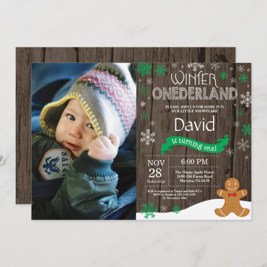 Rustic Winter Onederland 1e verjaardag Uitnodiging (Voorkant / Achterkant)