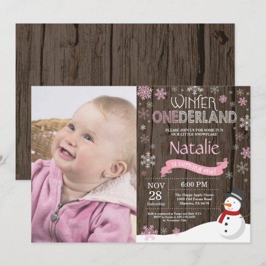 Rustic Winter Onederland 1e verjaardag Uitnodiging (Voorkant / Achterkant)