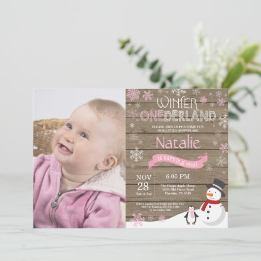 Rustic Winter Onederland 1e verjaardag Uitnodiging (Staand voorkant)