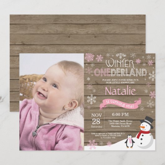 Rustic Winter Onederland 1e verjaardag Uitnodiging (Voorkant / Achterkant)