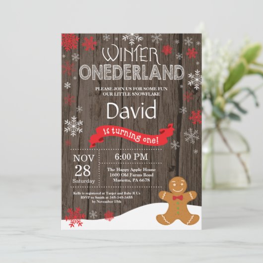 Rustic Winter Onederland 1e verjaardag Uitnodiging (Staand voorkant)