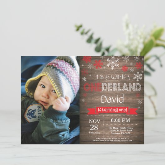 Rustic Winter Onederland 1e verjaardag Uitnodiging (Staand voorkant)