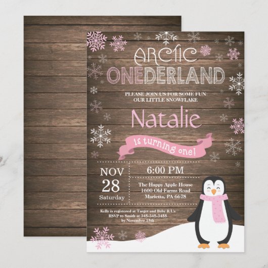 Rustic Winter Onederland 1e verjaardag Uitnodiging (Voorkant / Achterkant)