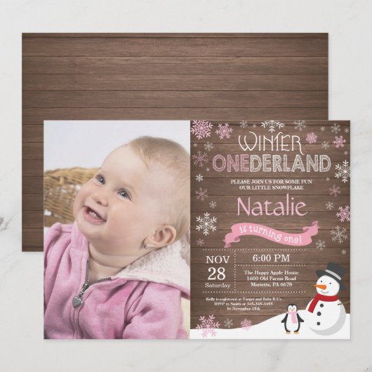 Rustic Winter Onederland 1e verjaardag Uitnodiging (Voorkant / Achterkant)