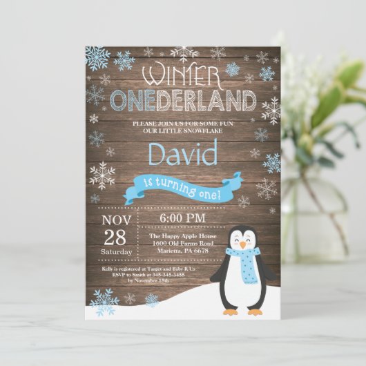 Rustic Winter Onederland 1e verjaardag Uitnodiging (Staand voorkant)