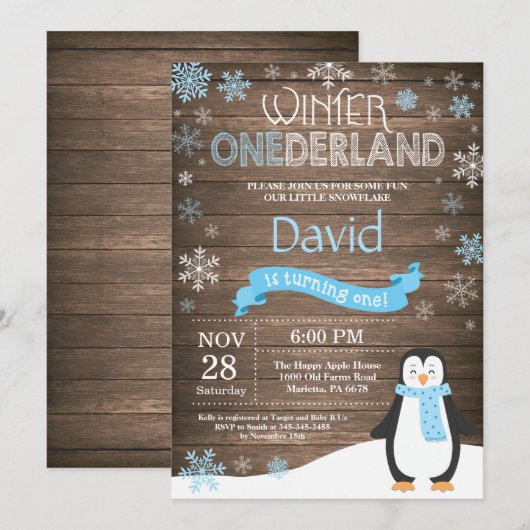 Rustic Winter Onederland 1e verjaardag Uitnodiging (Voorkant / Achterkant)