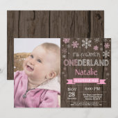 Rustic Winter Onederland 1e verjaardag Uitnodiging (Voorkant / Achterkant)