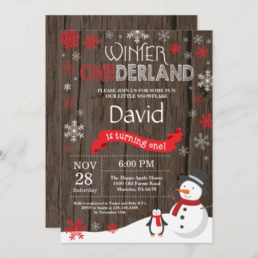 Rustic Winter Onederland 1e verjaardag Uitnodiging (Voorkant / Achterkant)