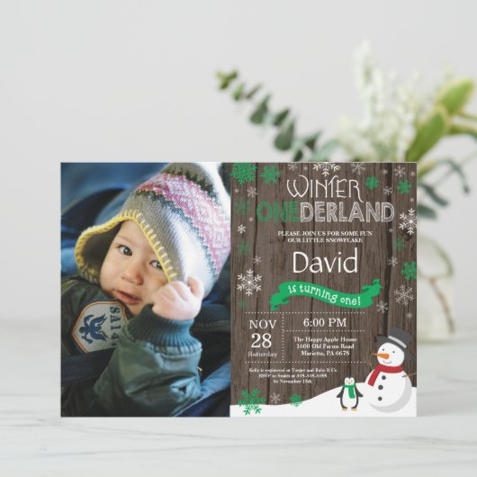 Rustic Winter Onederland 1e verjaardag Uitnodiging (Staand voorkant)
