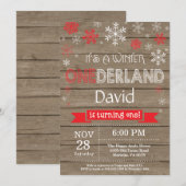 Rustic Winter Onederland 1e verjaardag Uitnodiging (Voorkant / Achterkant)