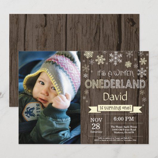 Rustic Winter Onederland 1e verjaardag Uitnodiging (Voorkant / Achterkant)