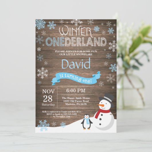 Rustic Winter Onederland 1e verjaardag Uitnodiging (Staand voorkant)