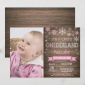 Rustic Winter Onederland 1e verjaardag Uitnodiging (Voorkant / Achterkant)