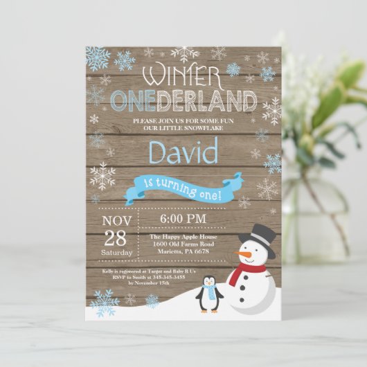 Rustic Winter Onederland 1e verjaardag Uitnodiging (Staand voorkant)