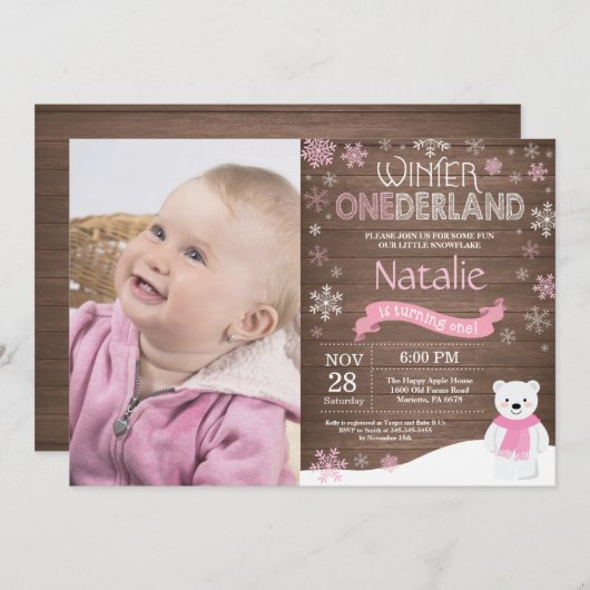 Rustic Winter Onederland 1e verjaardag Uitnodiging (Voorkant / Achterkant)