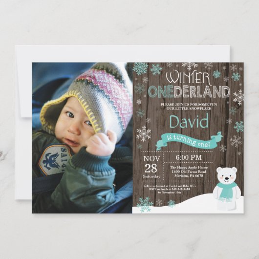 Rustic Winter Onederland 1e verjaardagsuitnodiging Kaart (Voorkant)