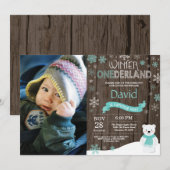 Rustic Winter Onederland 1e verjaardagsuitnodiging Kaart (Voorkant / Achterkant)