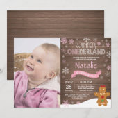 Rustic Winter Onederland 1e verjaardagsuitnodiging Kaart (Voorkant / Achterkant)