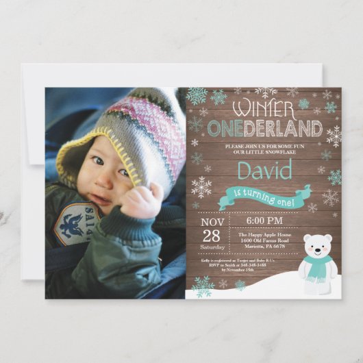 Rustic Winter Onederland 1e verjaardagsuitnodiging Kaart (Voorkant)