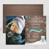 Rustic Winter Onederland 1e verjaardagsuitnodiging Kaart (Voorkant / Achterkant)