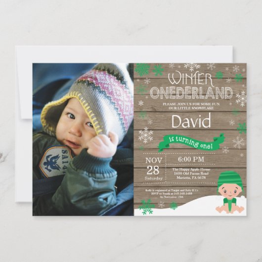 Rustic Winter Onederland 1e verjaardagsuitnodiging Kaart (Voorkant)