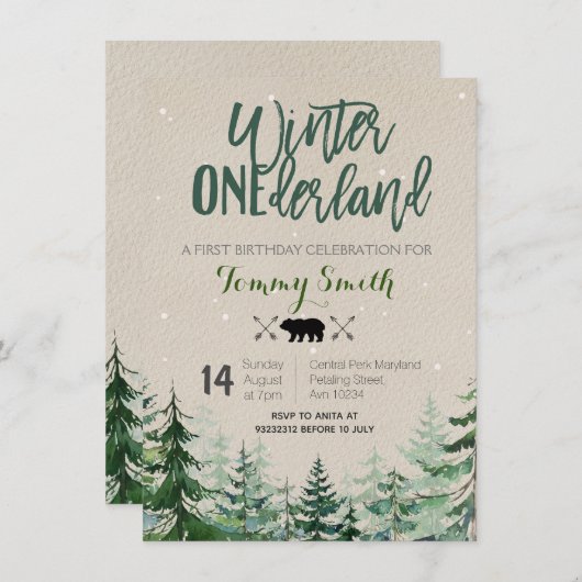 Rustic Winter onederland FIRST BIRTHDAY Kaart (Voorkant / Achterkant)